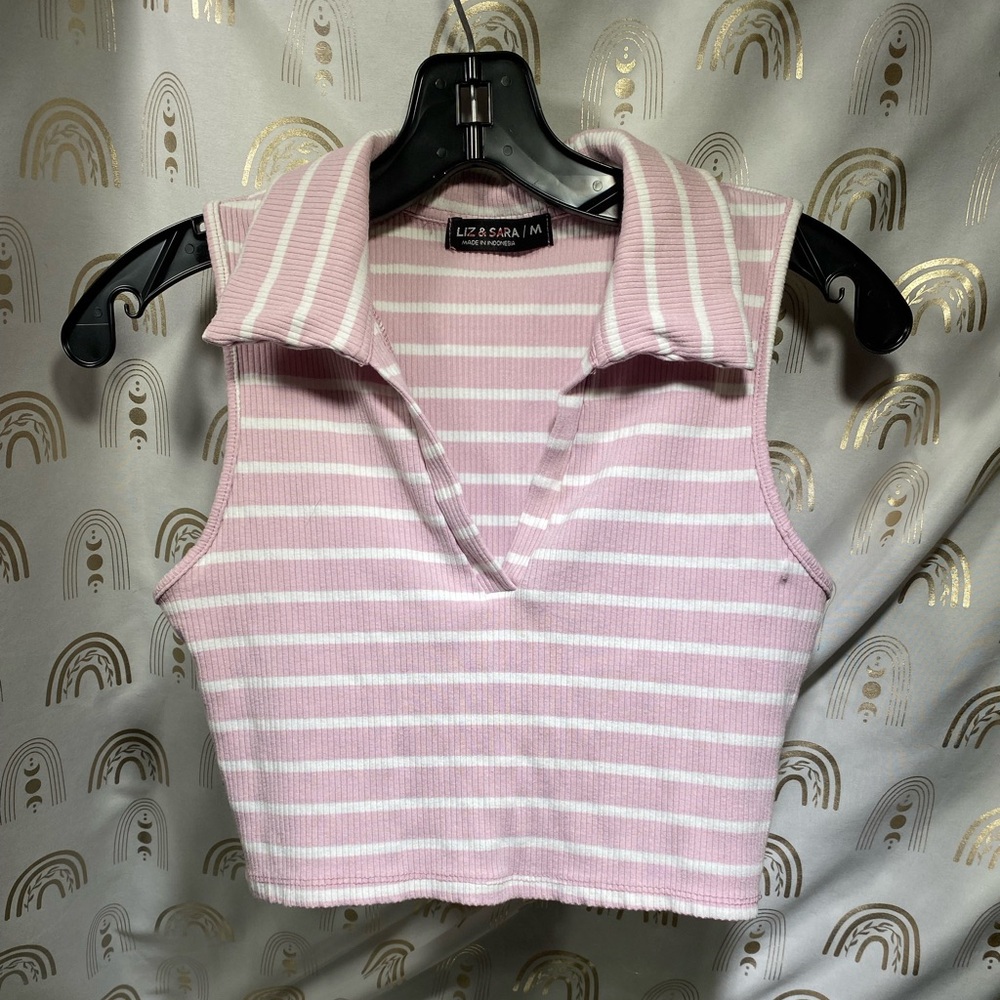Liz & Sara Pink Striped Sleeveless Polo Crop Top